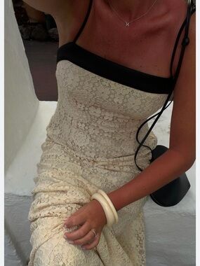 Cream Lace Maxi Slip Dress with Black Trim